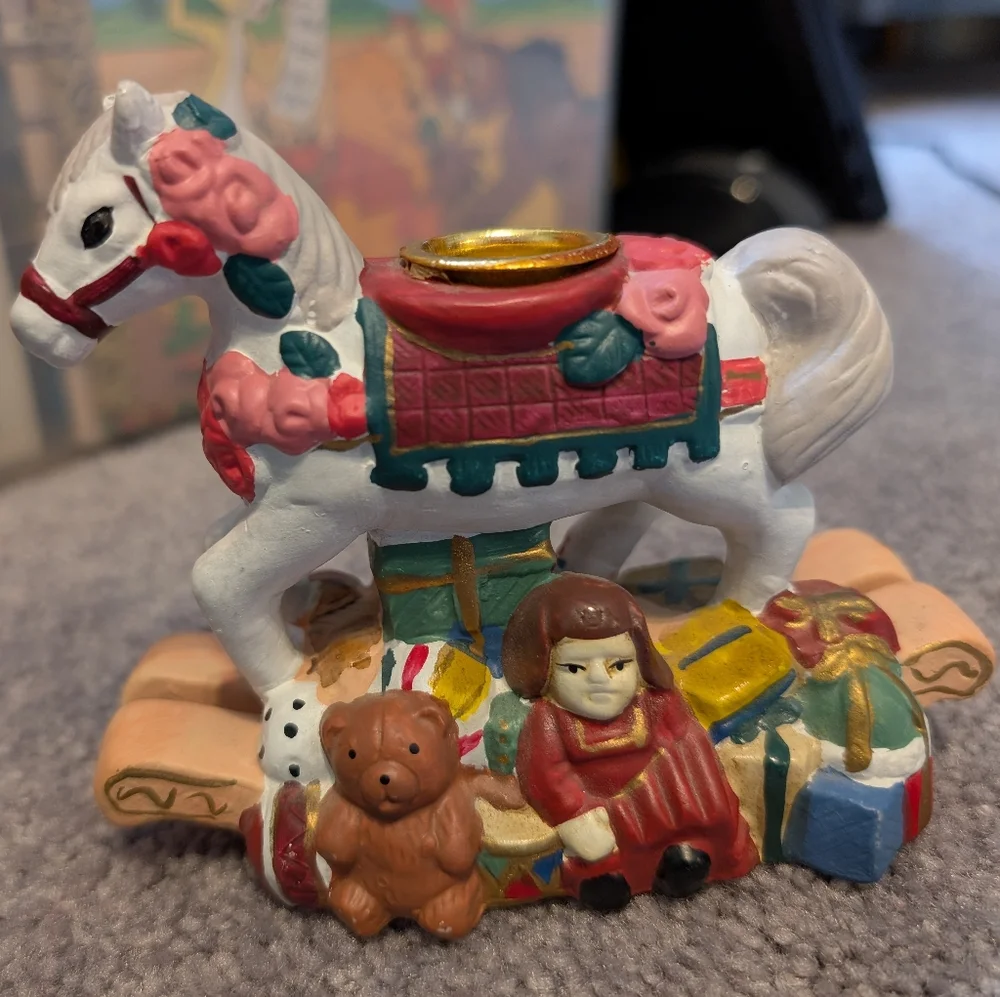Vintage Ceramic Rocking Horse Candle holder Christmas Holiday Doll Teddybear